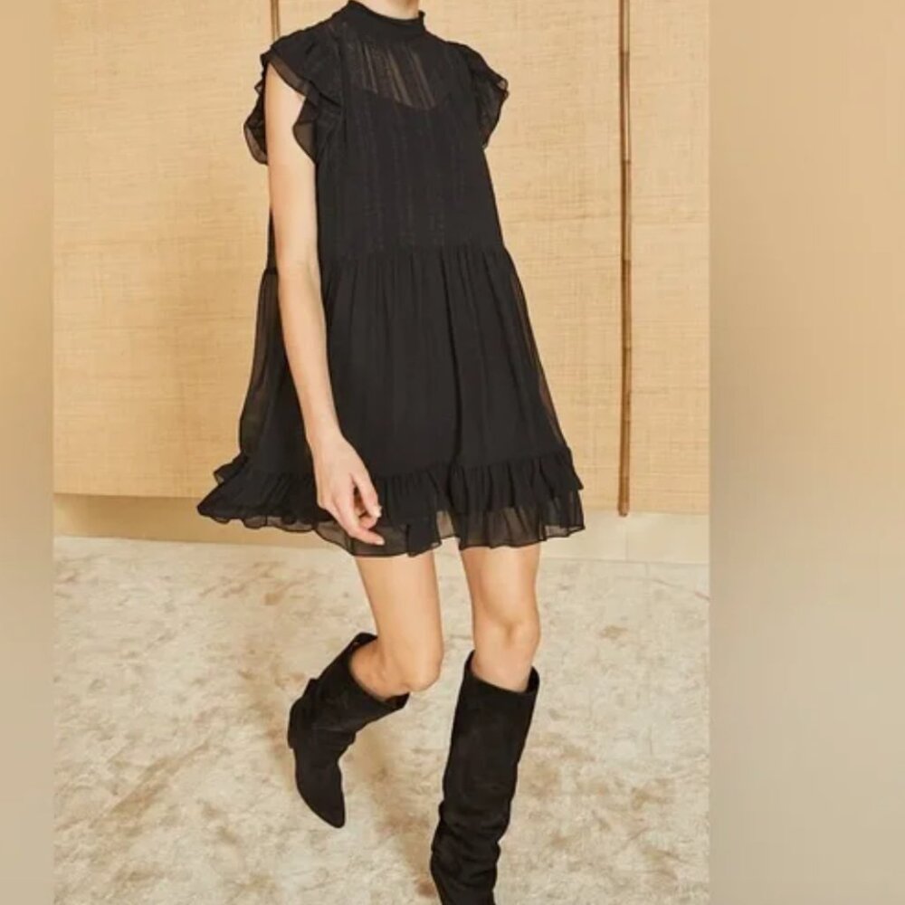 Ulla Johnson Remy Ruffled Mini Dress in Black Silk Size 0 XS Embroidered Floral